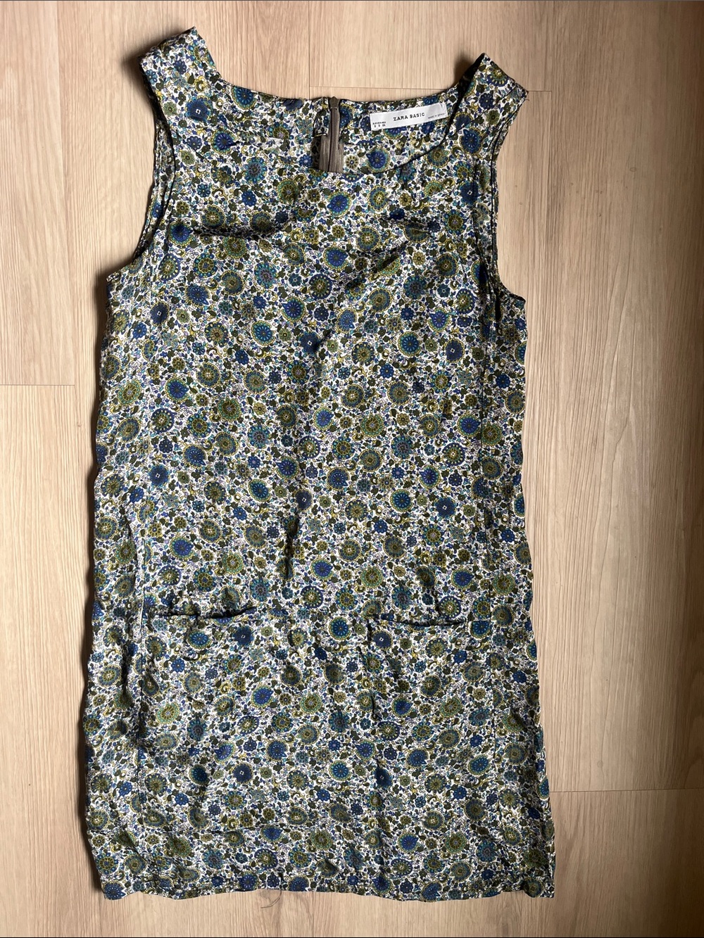 Zara Blue & Olive Paisley/Floral Sleeveless Shift Dress Size Small Made in Spain